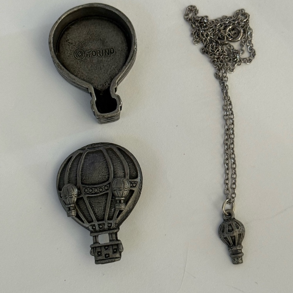 Pewter Hot Air Balloon Earrings, Locket Necklace and Holder